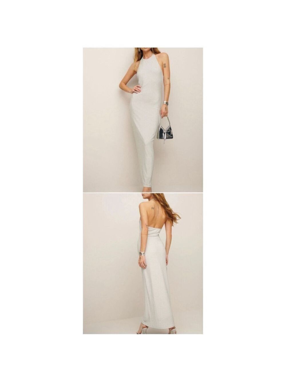 Reformation Silver Sparkle Knit Halter Dress Size M